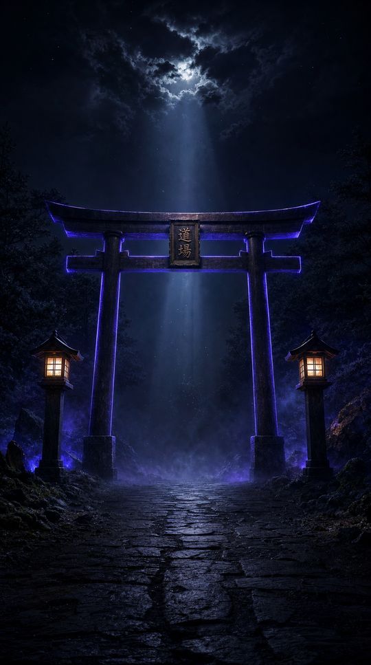 A torii gate at night, lit in indigo, with a lantern on each side